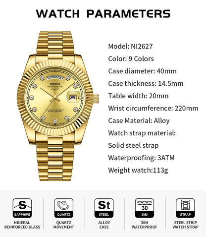NIBOSI Mens Watches Top Brand Luxury Gold Diamonds Classic Watch Men Auto Week Date Watch Waterproof Stainless Steel Wristwatch
