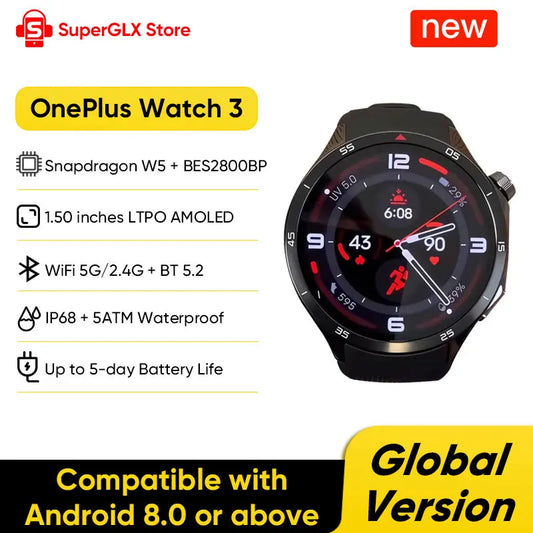 Global Version OnePlus Watch 3 Smart Watch 1.50inches LTPO AMOLED Display Snapdragon W5 Processor Dual Frequency GPS Wear OS