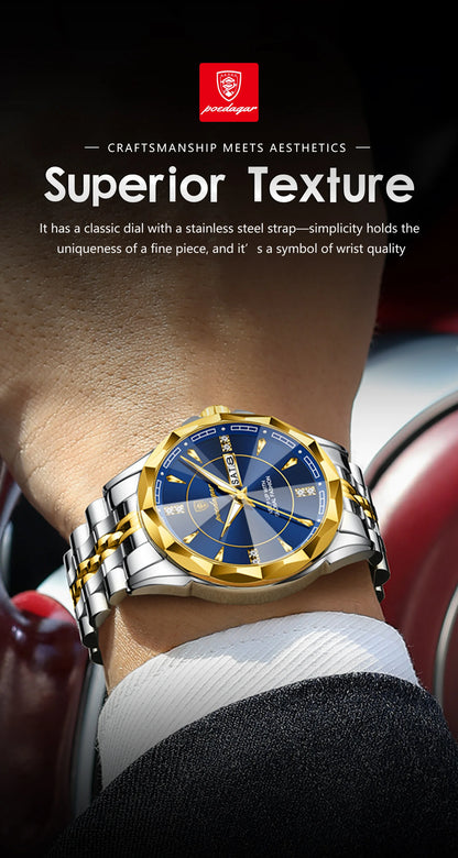 POEDAGAR Luxury Fashion Man Clock Top Business Waterproof Luminous Date Week Men's Watches Quartz Stainless Steel Men Wristwatch