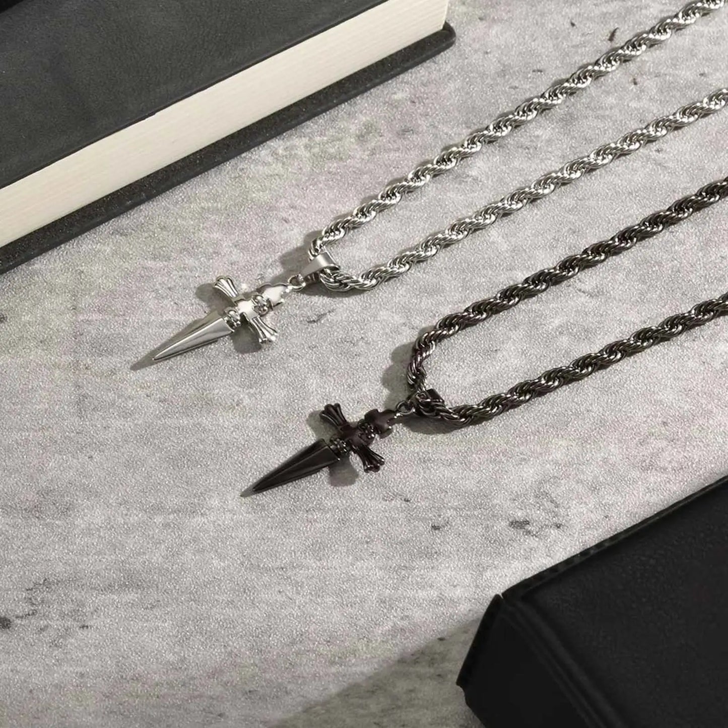 Cool Punk Sword Cross Pendant Necklace for Men Stainless Steel Twist Chain Necklace Fashion Casual Style Jewelry