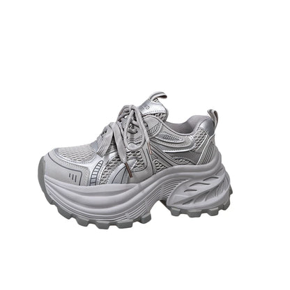 8.5CM Mesh Microfiber Leather Casual Shoes New 2026 Spring Women Chunky Sneakers High Platform Outdoor Sports Dad Shoes Woman