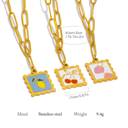 316L Stainless Steel Necklace - Whimsical Cherry Strawberry Charm Pendant, 17mm Square Hypoallergenic Dainty Jewelry for Women