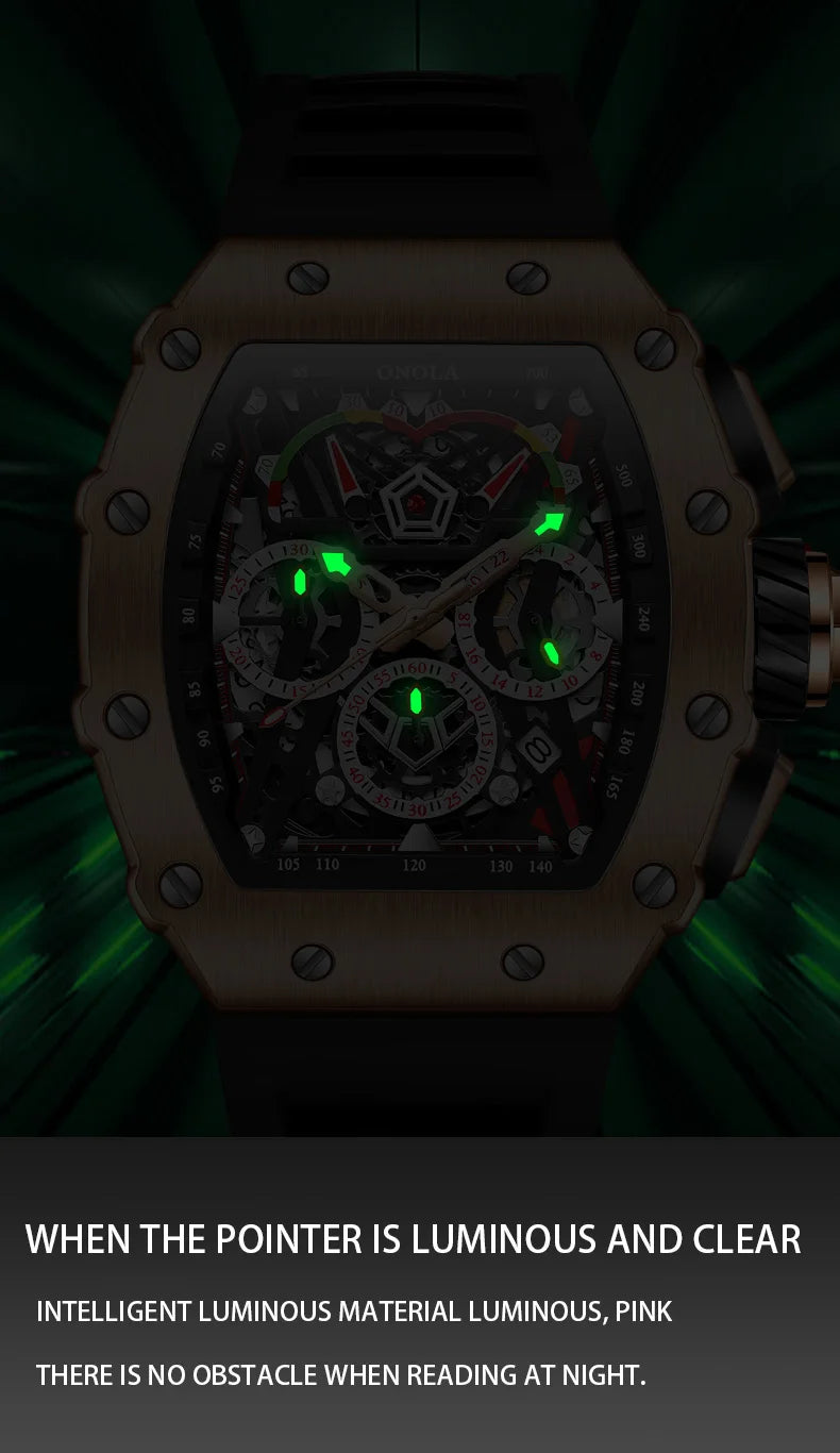 ONOLA Luxury Men Mechanical Watch with Hollow Out Luminous Automatic Watch 3Bar Waterproof Reloj Hombre