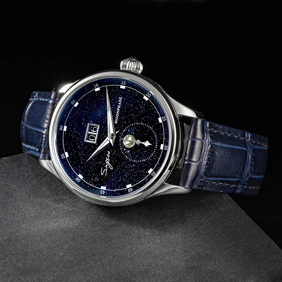 Sugess Mens Watch Limited Edition Moonphase 316L Stainless Steel Case Tianjin ST2528 Movement Luxury Gemstone Stars Dial Gift V3