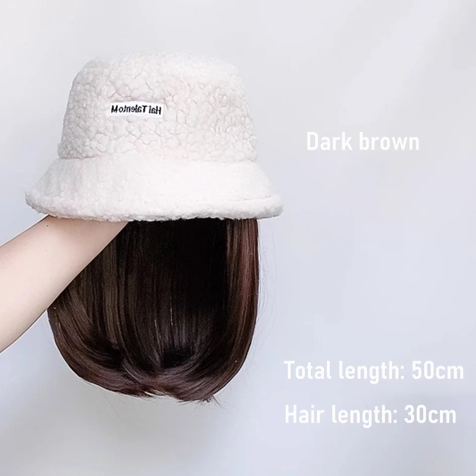 Synthetic 50cm winter cold resistant wig hat with long straight hair and long curly hair black/white hat with lambhair Christmas