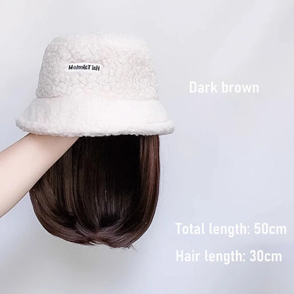 Synthetic 50cm winter cold resistant wig hat with long straight hair and long curly hair black/white hat with lambhair Christmas