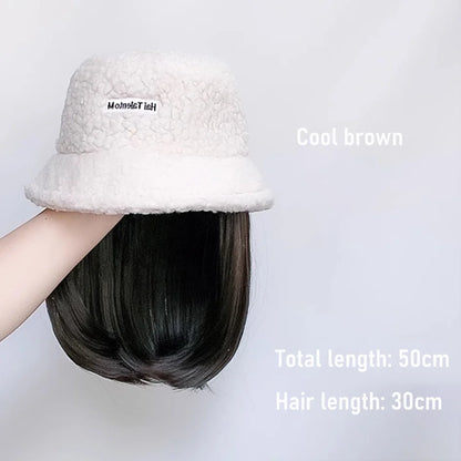 Synthetic 50cm winter cold resistant wig hat with long straight hair and long curly hair black/white hat with lambhair Christmas