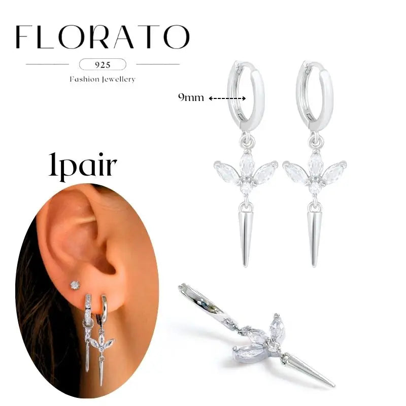 Women Pure Silver Series 925 Sterling Silver Ear Needle Geometric/Butterfly Flowers Pendant hoop Earrings Crystal Zircon Jewelry