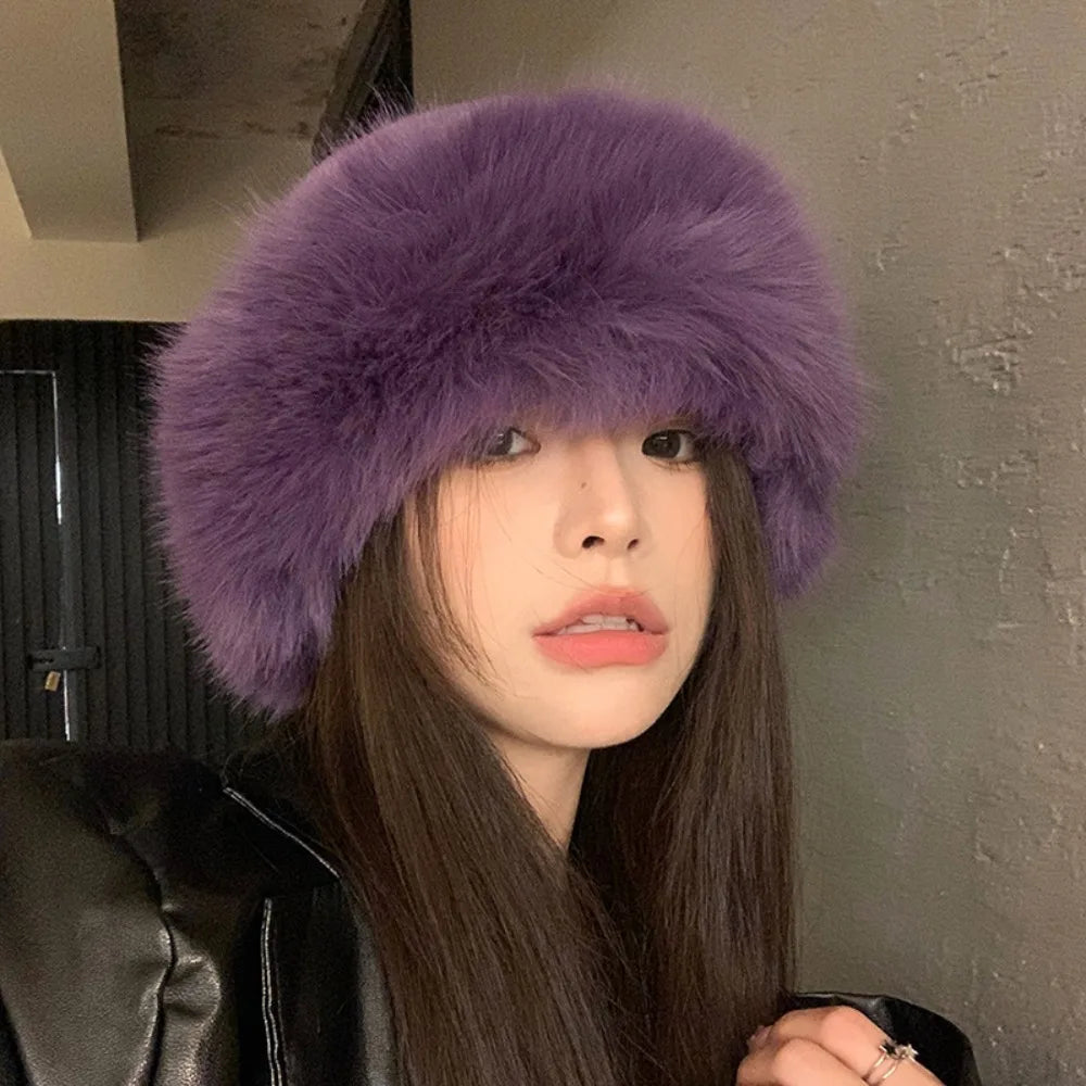 Women's Fluffy Fur Bucket Hat Plush Winter Fisherman Cap Warm Thick Hat for Snowy Days Christmas Gifts