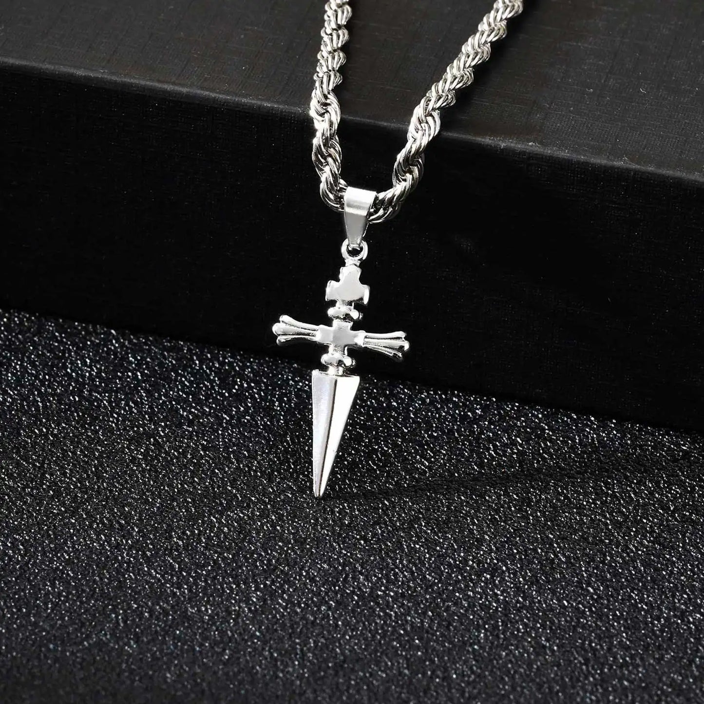 Cool Punk Sword Cross Pendant Necklace for Men Stainless Steel Twist Chain Necklace Fashion Casual Style Jewelry