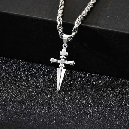 Cool Punk Sword Cross Pendant Necklace for Men Stainless Steel Twist Chain Necklace Fashion Casual Style Jewelry