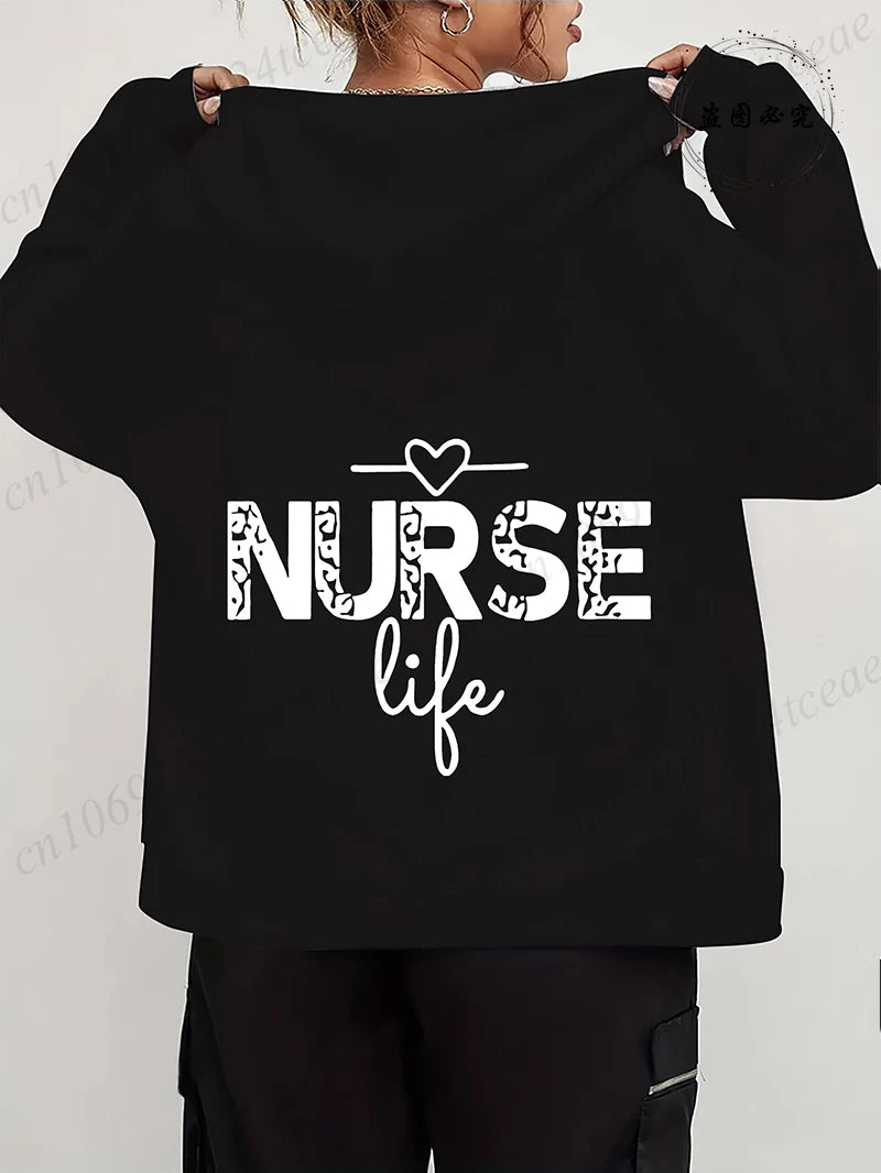 Women's Autumn Winter Hoodies Stethoscope EKG printed zipper Hooded Jackets Nursing Zipper Pocket Sweatshirt Nurse Life Outwear