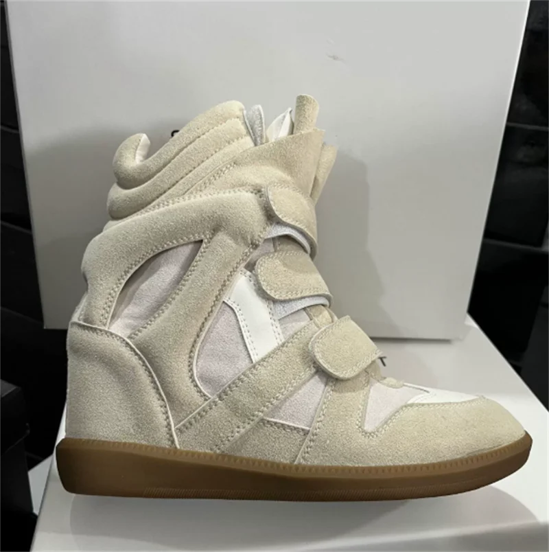 Women's High-top Shoes Suede Leather Casual Wedge Boots Flat Sneakers Hook Loop Heightening Shoes Luxury Short Botas Femininas