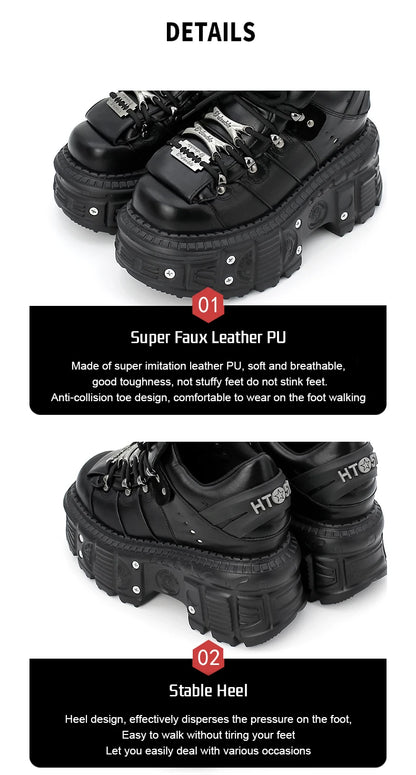 2025 New Punk Style Women Shoes Lace-up Heel Height 6CM Platform Shoes Woman Gothic Ankle Rock Boots Metal Decor Woman Sneakers