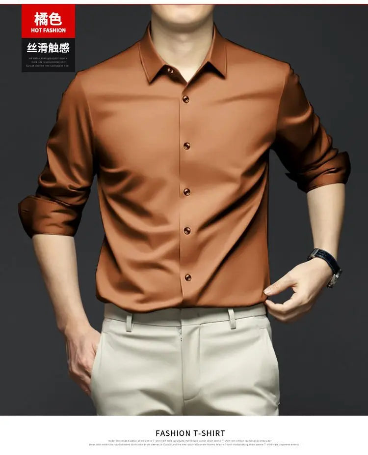 S-6XL Men's Long Sleeve Shirt Luxury Wrinkle Resistant Pure White Shirt Business Dress Casual Ice Silk Glossy Shirt