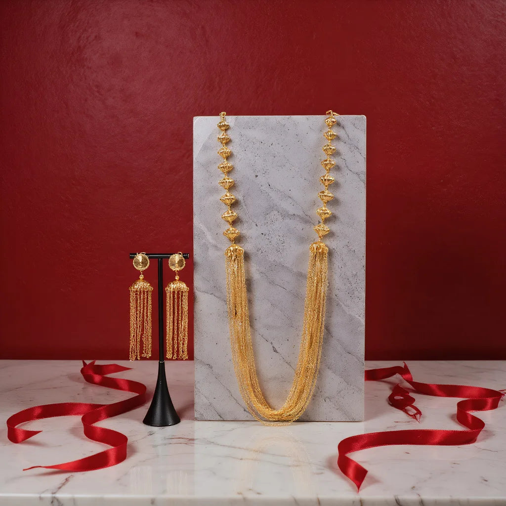 Tassel Necklace Earrings Long Set Women's 24K Gold AU999-Stackable tassel jewelry set,vivid layered style, trendy for mix&match