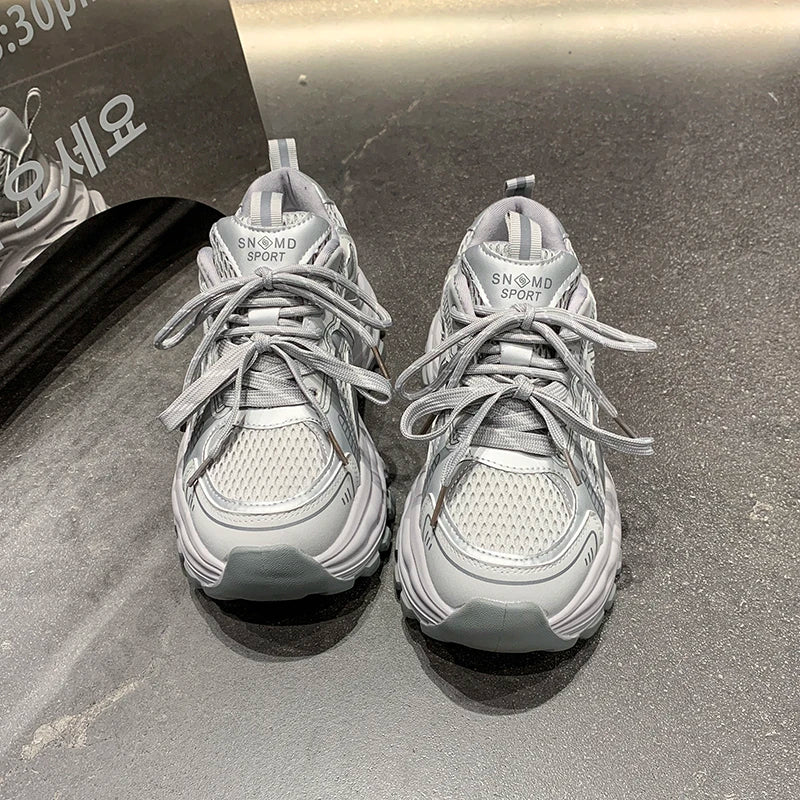 8.5CM Mesh Microfiber Leather Casual Shoes New 2026 Spring Women Chunky Sneakers High Platform Outdoor Sports Dad Shoes Woman