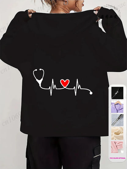Women's Autumn Winter Hoodies Stethoscope EKG printed zipper Hooded Jackets Nursing Zipper Pocket Sweatshirt Nurse Life Outwear