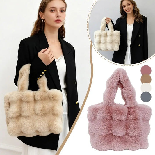 Women Plush Shoulder Bag Fluffy Handbag Large Capacity Casual Commuting Bag Furry Carrying Bag Soft Shopper Bag