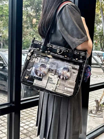 Women Fashion Checkered Pattern Retro Ita Bag Cute Girl Transparent Large Capacity Tote Bag DIY Display Handbag New Shoulder Bag