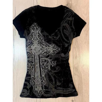 2026 Ropa Mujer Summer Tshirts for Women V-neck Short Sleeve Tunic Camisetas Pink Print Tees Crop Tops Casual Chic Y2k T-shirt