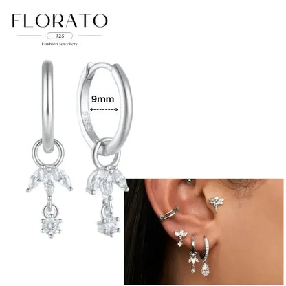 Women Pure Silver Series 925 Sterling Silver Ear Needle Geometric/Butterfly Flowers Pendant hoop Earrings Crystal Zircon Jewelry