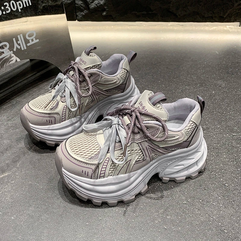 8.5CM Mesh Microfiber Leather Casual Shoes New 2026 Spring Women Chunky Sneakers High Platform Outdoor Sports Dad Shoes Woman