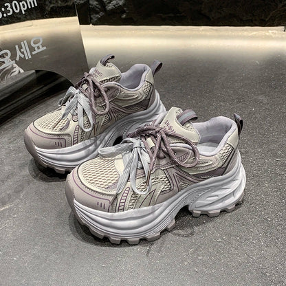 8.5CM Mesh Microfiber Leather Casual Shoes New 2026 Spring Women Chunky Sneakers High Platform Outdoor Sports Dad Shoes Woman