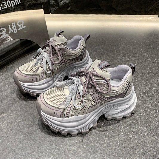 8.5CM Mesh Microfiber Leather Casual Shoes New 2026 Spring Women Chunky Sneakers High Platform Outdoor Sports Dad Shoes Woman
