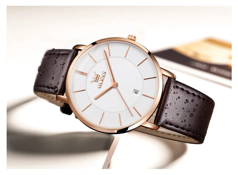 Top Brand OLEVS Ultra Thin 6.5mm Minimalist Fashion Quartz Watch for Men Leather Strap Auto Date Male Waterproof Mens Wristwatch