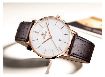 Top Brand OLEVS Ultra Thin 6.5mm Minimalist Fashion Quartz Watch for Men Leather Strap Auto Date Male Waterproof Mens Wristwatch