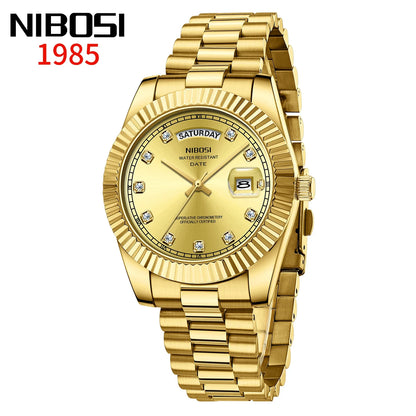 NIBOSI Mens Watches Top Brand Luxury Gold Diamonds Classic Watch Men Auto Week Date Watch Waterproof Stainless Steel Wristwatch