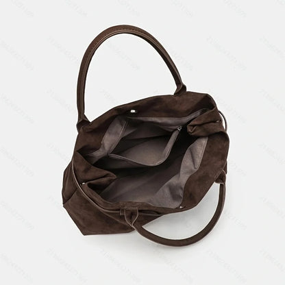 Women's Suede Retro Tote Bag, Elegant Coffee-Colored Faux Suede Handbag, Versatile Shoulder Bag for Commuting and Casual Use