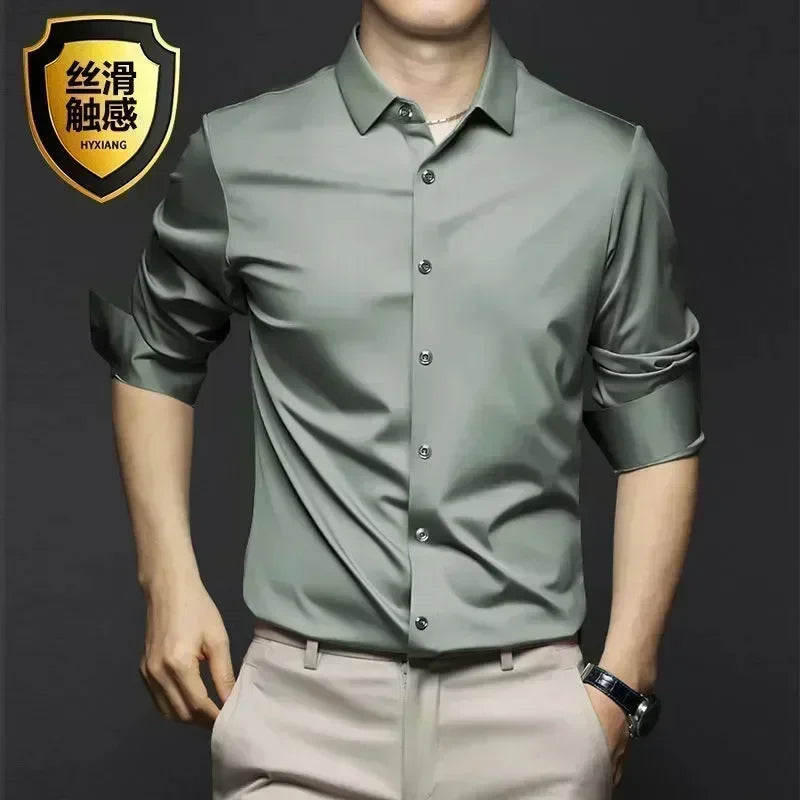 S-6XL Men's Long Sleeve Shirt Luxury Wrinkle Resistant Pure White Shirt Business Dress Casual Ice Silk Glossy Shirt