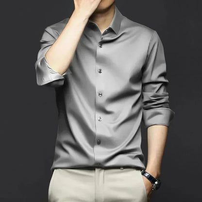 S-6XL Men's Long Sleeve Shirt Luxury Wrinkle Resistant Pure White Shirt Business Dress Casual Ice Silk Glossy Shirt