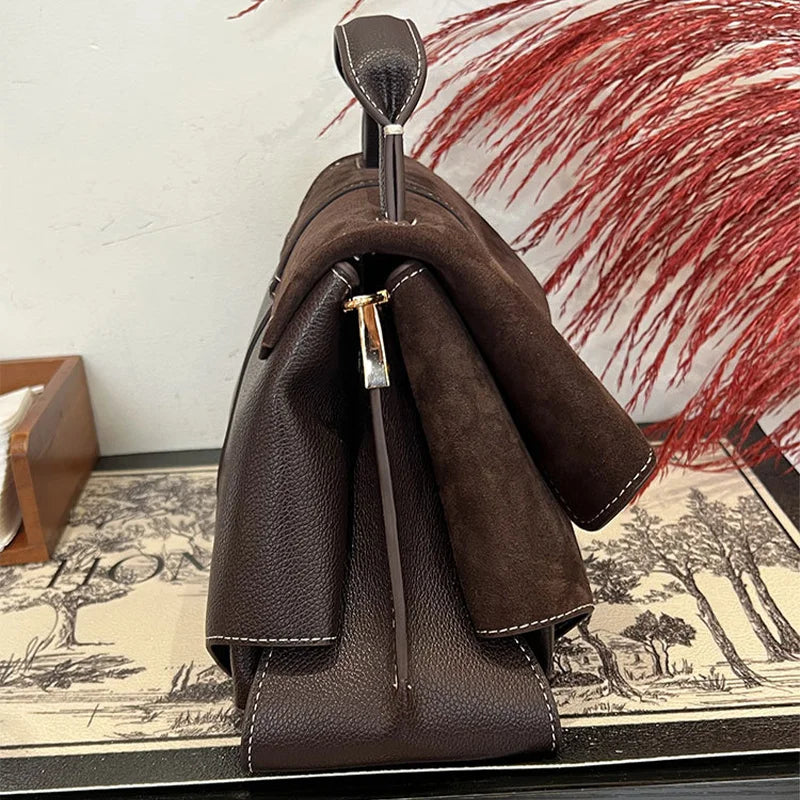 Women Frosted Handbag High-end Suede Flap French Shoulder Bag Luxury Trapezoidal House Shape Bag Messenger Bag Commuter Tote Bag