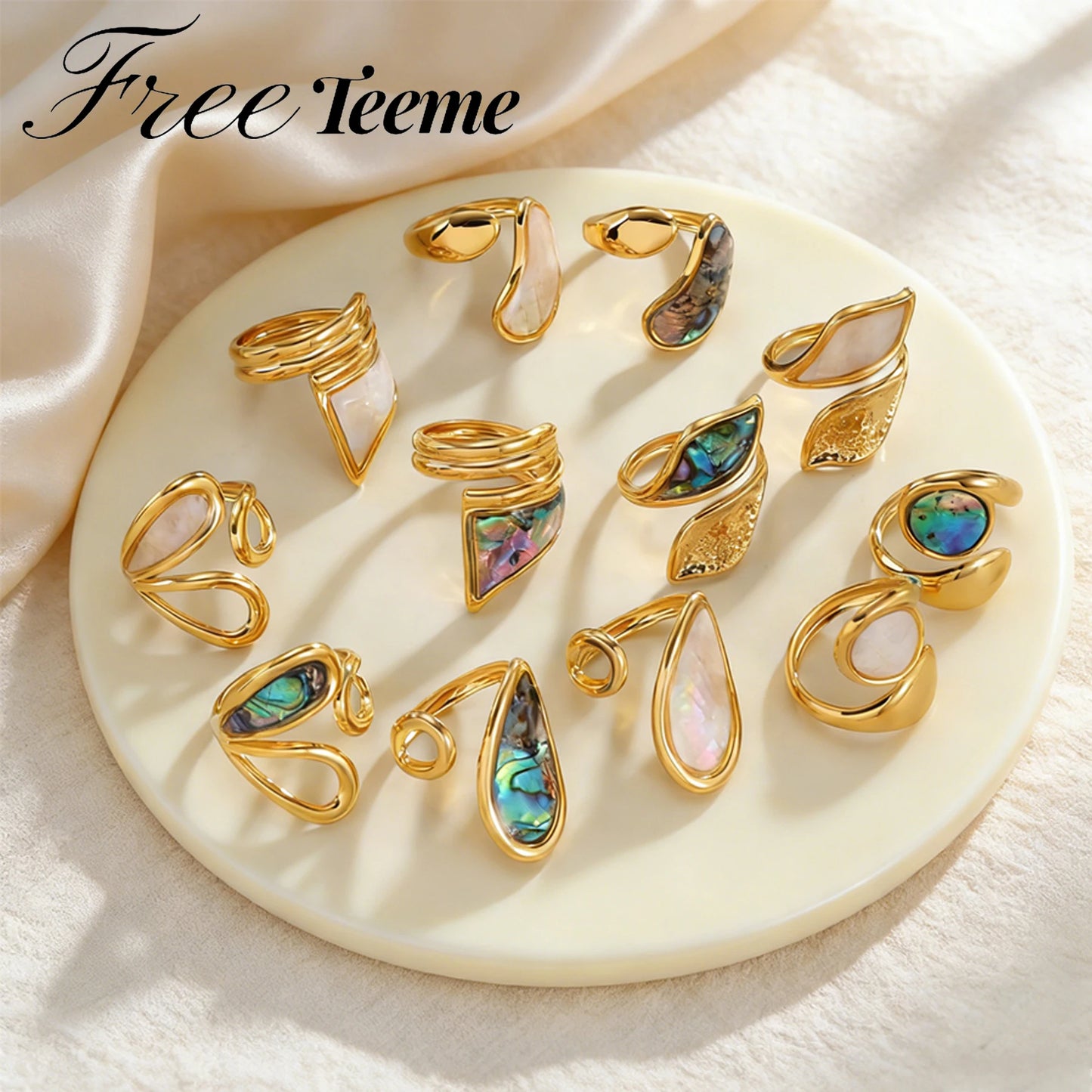 Freeteeme High-End Various Irregular Geometric Rings for Women Stainless Steel Shell-Set Open Rings Daily Versatile Accessories