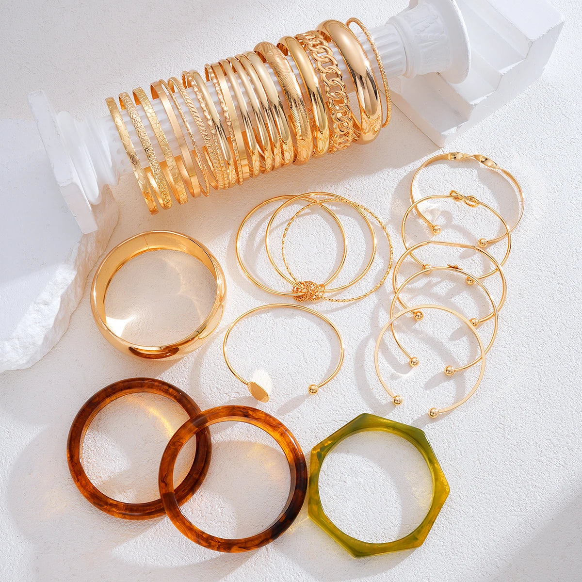 Fashion Minimalist Elegant Metal Textured Resin Cuff Bangle Bracelet Set Boho Adjustable Layered Wristband Daily Party Jewelry