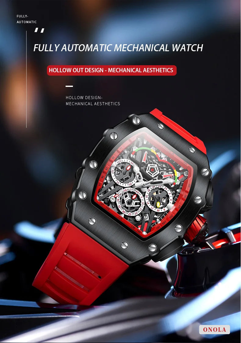 ONOLA Luxury Men Mechanical Watch with Hollow Out Luminous Automatic Watch 3Bar Waterproof Reloj Hombre