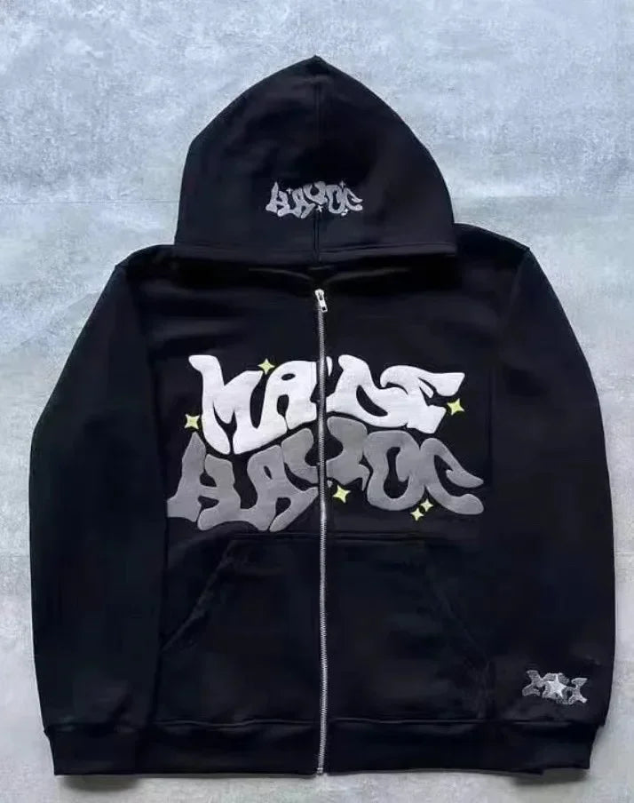 Zipper hooded sweatshirt with retro American letters suitable for men and women wearing Y2K jacket autumn/winter cardigan