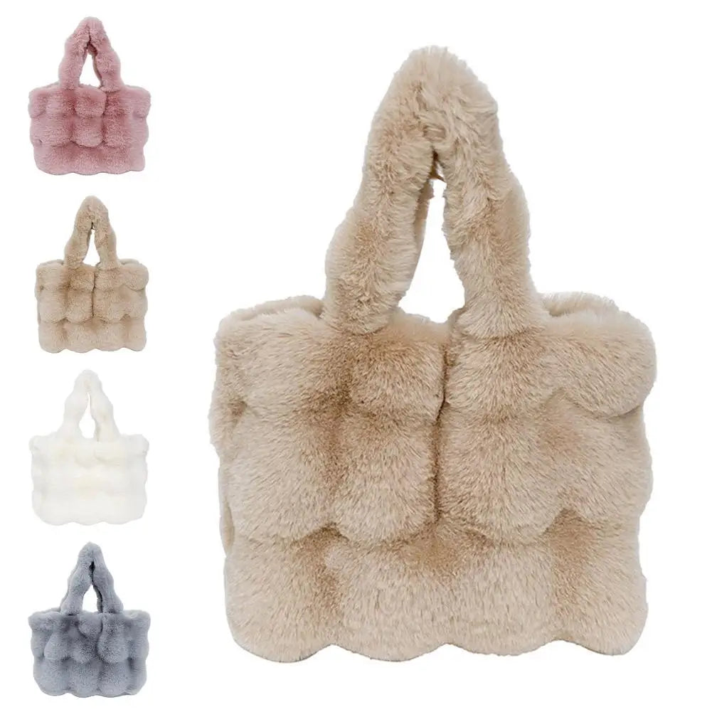 Women Plush Shoulder Bag Fluffy Handbag Large Capacity Casual Commuting Bag Furry Carrying Bag Soft Shopper Bag