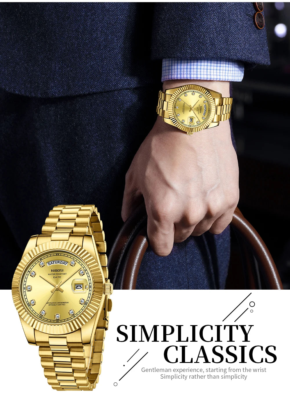 NIBOSI Mens Watches Top Brand Luxury Gold Diamonds Classic Watch Men Auto Week Date Watch Waterproof Stainless Steel Wristwatch