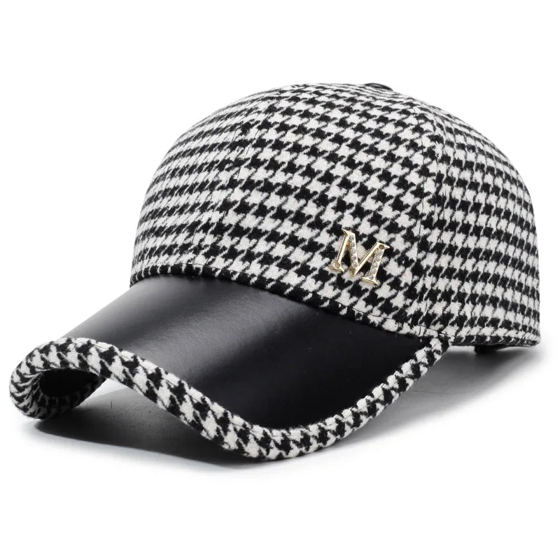 Autumn & Winter New Style Houndstooth Wool Blend Baseball Cap, Women's Versatile Fashion Cotton Hat