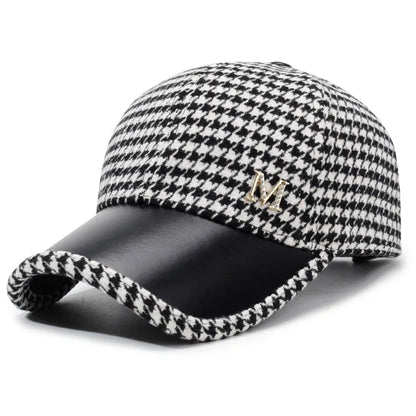 Autumn & Winter New Style Houndstooth Wool Blend Baseball Cap, Women's Versatile Fashion Cotton Hat