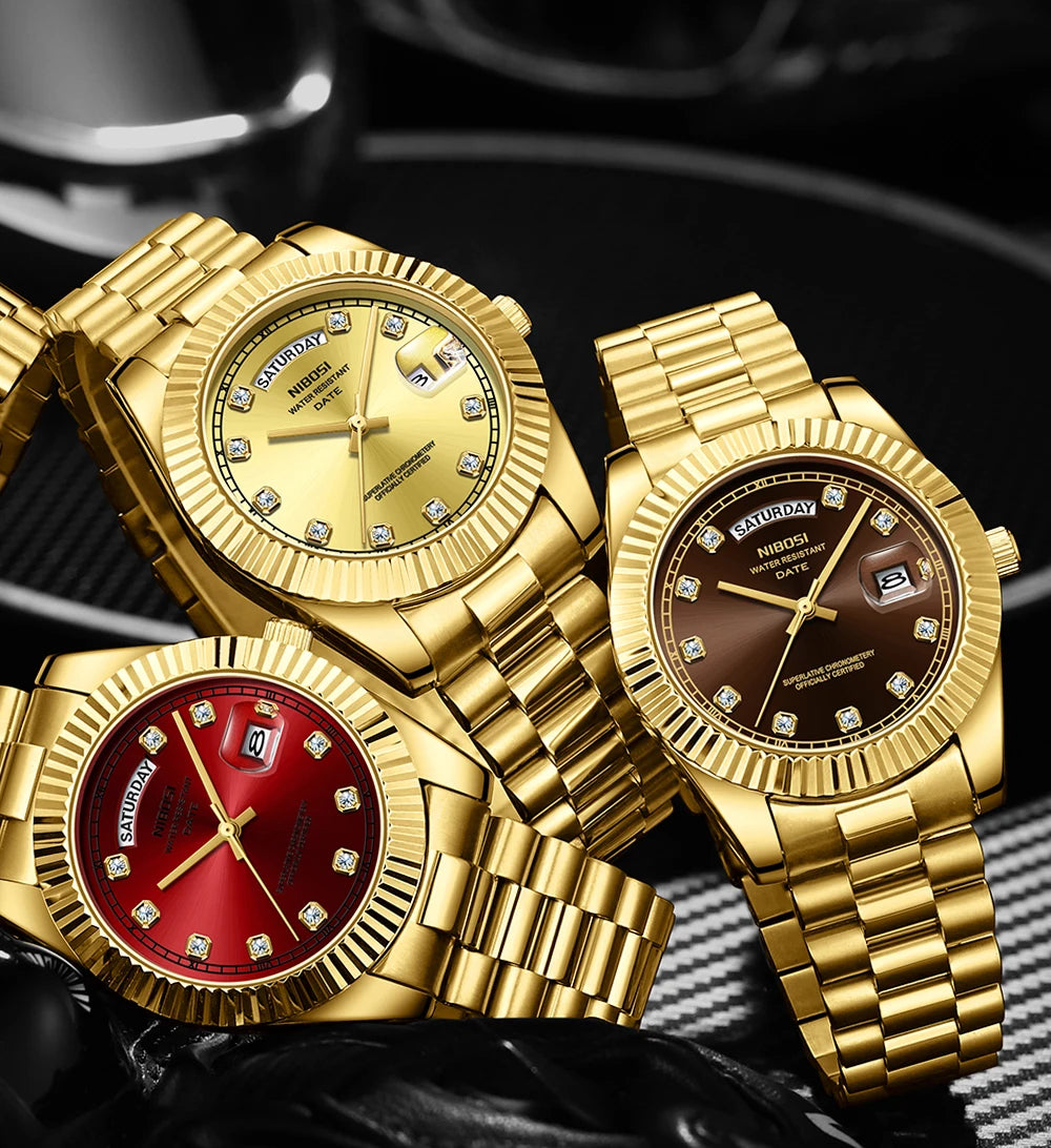 NIBOSI Mens Watches Top Brand Luxury Gold Diamonds Classic Watch Men Auto Week Date Watch Waterproof Stainless Steel Wristwatch