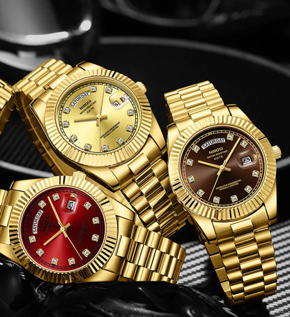 NIBOSI Mens Watches Top Brand Luxury Gold Diamonds Classic Watch Men Auto Week Date Watch Waterproof Stainless Steel Wristwatch