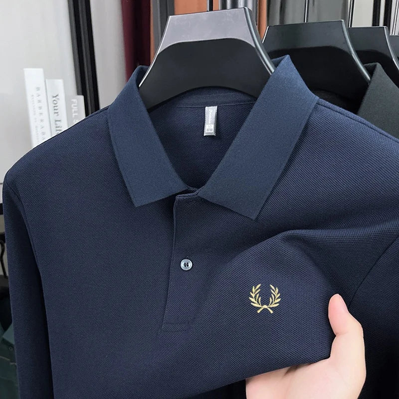 100% pure cotton high-end brand men's long sleeved polo shirt autumn fashion hot selling wheat embroidery golf business T-shirt
