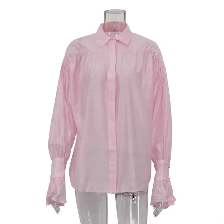 Tossy Casual Loose See-Through Shirts Women's Autumn Lapel Long Sleeve Patchwork Blouse Top Streetwear Female Solid Shirts Top