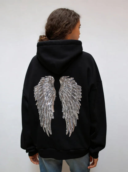 Women's Shinny Sequin Angel Wings Hooded Jacket Pant Long Sleeve Loose Casual Hooded Pullover 2025 New Lady Y2K Autumn Outwears