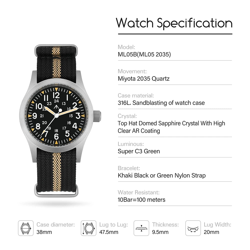 Militado ML05 38mm Quartz Watch Miyota 2035/Ronda 515 Movement Watches Domed Sapphire Crystal Luminous 100m Waterproof Watches